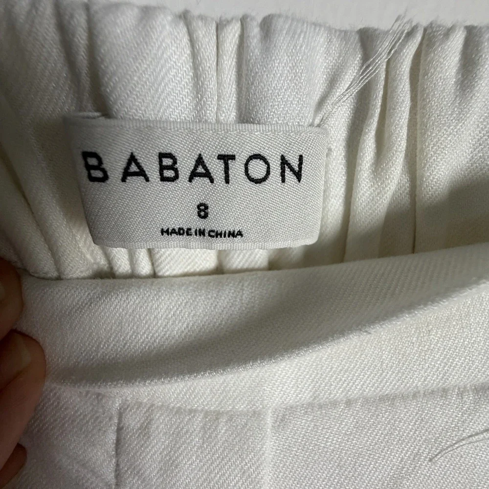 BABATON Size 8 White Cohen Linen Blend Crop Pleated Front & Elastic Pants NWOT